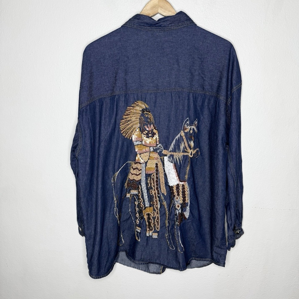 Together Denim Beaded Embroidered Native American Indian Chief Shirt Womens 3X
